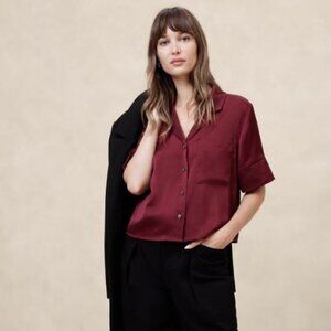 Banana Republic Maroon Silky Cropped Short Sleeve Shirt/Blouse - New with Tags